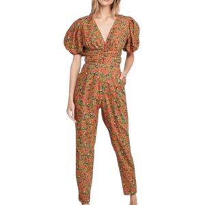 Farm Rio Tucano Paradise Linen Blend Open Back Jumpsuit Red Size Medium